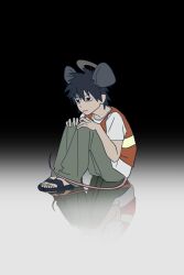  1boy animal_ears black_eyes black_hair false_memory fengtoumaiji gradient_background green_pants guan_chao_(false_memory) halo high-visibility_clothing high-visibility_vest highres hugging_own_legs id_card knees_up male_focus mouse_boy mouse_ears mouse_tail pants reflection sandals shirt short_sleeves simple_background sitting slides tail tear_troughs vest white_background white_shirt 