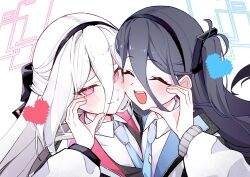  2girls aris_(blue_archive) black_hairband blue_archive blue_halo blue_necktie closed_mouth commentary_request dai3 hairband halo heart heart_hands heart_hands_duo highres jacket kei_(blue_archive) kei_(student)_(blue_archive) looking_at_viewer multicolored_jacket multiple_girls necktie open_mouth pink_eyes pink_halo rectangular_halo ringed_eyes siblings smile twins two-tone_jacket white_hair white_jacket wide_heart_hands 