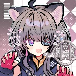  1girl ahoge animal_ears arknights arknights:_endfield black_gloves black_hair blue_eyes commentary_request eyepatch fingerless_gloves gloves grey_hair highres long_hair looking_at_viewer open_mouth shirocha_tei simple_background solo tangtang_(arknights) tiger_ears tiger_girl 