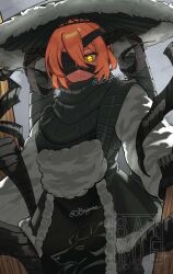  1girl baiyue blonde_hair brown_scarf don_quixote_(project_moon) gloves hair_between_eyes hat heishou_pack-wei_branch_(identity)_(project_moon) highres holding horns jacket limbus_company looking_at_viewer project_moon rice_hat scarf sheep_girl sheep_horns short_hair simple_background solo weapon white_background yellow_eyes yellow_jacket 