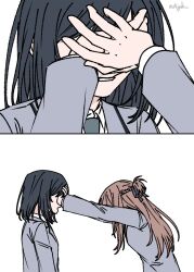  2girls a_jak black_hair black_ribbon blush braid brown_hair covering_another's_eyes hair_ribbon half_up_braid hands_on_another's_face highres long_hair long_sleeves medium_hair miyagi_shiori multiple_girls open_mouth ribbon school_uniform sendai_hazuki shuuniichido_classmate_wo_kau_hanashi simple_background twitter_username upper_body white_background yuri 