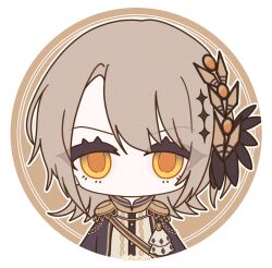  1girl artist_request blonde_hair border chibi chibi_only copyright_notice diamond_hair_ornament epaulettes hair_ornament hasumi_leia high_collar highres looking_at_viewer mahou_shoujo_no_majo_saiban no_mouth official_art profile_picture round_border sash short_hair shoulder_sash solo yellow_eyes 