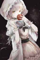  1girl apple commentary_request earrings eating flower food fruit gamo_tako highres holding holding_food holding_fruit jewelry magical_girl mahou_shoujo_ikusei_keikaku sailor_collar school_uniform short_hair snow_white_(mahoiku) white_flower white_hood wide_sleeves yellow_eyes 
