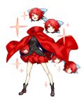  1girl aliun black_boots boots bow cape disembodied_head full_body hair_bow open_mouth red_eyes red_skirt redhead sekibanki short_hair simple_background skirt solo standing touhou white_background 