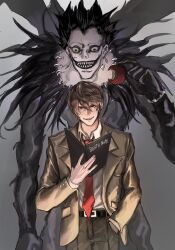  2boys apple belt bitten_apple black_hair brown_hair commentary death_note death_note_(object) evil_smile food food_bite fruit gothic_punk grey_background highres holding holding_food holding_fruit holding_notebook jacket looking_at_viewer male_focus multiple_boys necktie no_eyebrows notebook pants ryuk sharp_teeth shinigami smile stitched_neck stitches suit_jacket teeth toukaneedtoeat untranslatable_commentary wings yagami_light yellow_eyes 