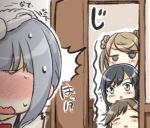  4girls :d ^_^ arashio_(kantai_collection) asashio_(kantai_collection) black_hair blush brown_hair closed_eyes commentary_request double_bun engiyoshi flat_gaze grey_hair hand_on_another&#039;s_head kantai_collection kasumi_(kantai_collection) michishio_(kantai_collection) multiple_girls open_mouth petting remodel_(kantai_collection) smile wavy_mouth 