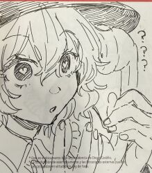  1girl ? ?? buttons collared_shirt diamond_button frilled_shirt_collar frills greyscale hair_between_eyes heart heart-shaped_pupils highres holding holding_phone komeiji_koishi monochrome noriuma open_mouth phone shirt solo symbol-shaped_pupils touhou traditional_media upper_body 
