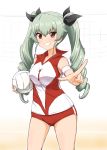  1girl anchovy ball blush breasts buruma diesel-turbo drill_hair girls_und_panzer green_hair grin hair_ribbon large_breasts long_hair looking_at_viewer pointing pointing_at_viewer red_eyes ribbon smile solo sportswear twin_drills twintails volleyball volleyball_net volleyball_uniform 
