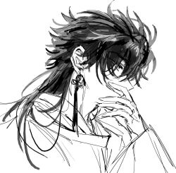  1boy covering_own_mouth earrings from_side greyscale hair_between_eyes hair_down hand_on_own_face jewelry licking_lips long_hair long_sleeves looking_at_viewer male_focus monochrome profile shiguang_dailiren simple_background single_earring sketch smile solo tassel tassel_earrings tongue tongue_out tyoookozuki upper_body white_background wide_sleeves xiao_weiying 