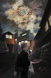  1boy absurdres aerial_fireworks bag building ca_mei car commentary fence fireworks fuwa_minato fuwa_minato_(5th_costume) grey_hair hair_between_eyes highres japanese_clothes kimono long_hair long_sleeves looking_at_viewer looking_back male_focus motor_vehicle multicolored_hair night nijisanji official_alternate_costume open_mouth outdoors plastic_bag ponytail smile streaked_hair virtual_youtuber yukata 