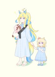  3girls absurdres aged_down ahoge alternate_costume animal_ears baby baby_carry blonde_hair blue_eyes blue_hair brown_hair carmenpt carrying carrying_baby carrying_person colored_inner_hair commentary_request diamond_hair_ornament hair_between_eyes hair_ornament highres horse_ears horse_girl horse_tail long_hair long_sleeves mother_and_child mother_and_daughter multicolored_hair multiple_girls neo_universe_(umamusume) parent_and_child simple_background sounds_of_earth_(umamusume) standing streaked_hair tail two-tone_hair umamusume victoire_pisa_(umamusume) white_background 