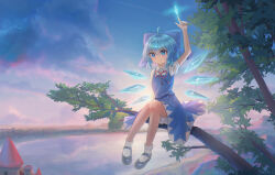  1girl absurdres black_shoes bloomers blue_bow blue_eyes blue_hair blue_skirt blue_vest bow building chinese_commentary cirno closed_mouth clouds collared_shirt commentary_request cryokinesis day detached_wings full_body hair_bow highres ice ice_wings lake looking_at_viewer misty_lake neck_ribbon on_branch outdoors puffy_short_sleeves puffy_sleeves red_ribbon ribbon scarlet_devil_mansion shirt shoes short_sleeves sitting sitting_on_branch skirt smile socks solo toorooo touhou tree vest white_bloomers white_shirt white_socks wings 