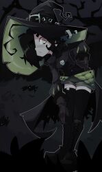  1girl :/ absurdres ahoge arm_behind_back bare_tree black_boots black_gloves black_hair black_hat black_jacket black_thighhighs boots bush closed_mouth commentary english_commentary eyes_visible_through_hair full_body gloves green_eyes green_hat green_shorts hair_over_one_eye hand_on_own_thigh hat hat_belt highres imerald jacket leaning_forward long_sleeves medium_hair mina_(imerald) night original shorts skull slit_pupils solo standing thigh-highs thighs tomboy tree two-tone_hat witch witch_hat 