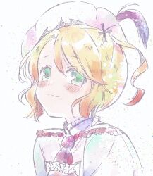 1girl blonde_hair blush commentary_request dress feathers flower_ornament frills hair_ornament hat hat_feather highres magical_girl mahou_shoujo_ikusei_keikaku mahou_shoujo_ikusei_keikaku_restart multicolored_hair nori_senbei pechika_(mahoiku) red_feathers rooster_tail short_hair short_side_ponytail side_ponytail smile solo thigh-highs 