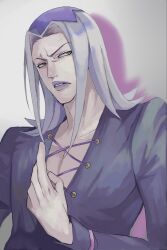  1boy coat cross-laced_clothes highres jojo_no_kimyou_na_bouken leone_abbacchio lipstick long_sleeves looking_to_the_side makeup male_focus multicolored_hair pectorals purple_coat purple_lips simple_background solo_focus tomato_sinsen two-tone_hair upper_body vento_aureo white_hair 