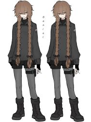  1boy braid character_name cigarette commentary daniel_(slavcorpz) english_commentary full_body highres holding holding_cigarette long_hair original pantyhose simple_background slavcorpz solo tagme thigh_strap trap twin_braids white_background 