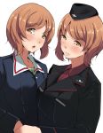  2girls bangs black_hat blush brown_hair buttons chestnut_mouth collared_shirt dual_persona eyebrows eyebrows_visible_through_hair garrison_cap girls_und_panzer hat holding_hands jacket long_sleeves looking_at_viewer military military_uniform multiple_girls nishizumi_miho parted_lips red_shirt school_uniform shirt short_hair siblings side-by-side sisters smile takatoo_kurosuke uniform upper_body 