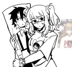  1boy 1girl catherine_(project_moon) chayre5792 closed_mouth cowboy_shot dakimakura_(object) expressionless glasses greyscale hair_ornament hair_scrunchie heathcliff_(project_moon) jewelry limbus_company looking_at_viewer monochrome pillow project_moon ring scrunchie shirt sidelocks solo t-shirt twintails wedding_ring wrist_scrunchie 