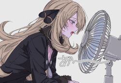  1girl blonde_hair blush breasts coat commentary_request cynthia_(pokemon) electric_fan fur_collar fur_trim grey_eyes hair_ornament hair_over_one_eye hot kyaro_o long_hair long_sleeves open_mouth pokemon pokemon_diamond/pearl/platinum simple_background solo sweatdrop upper_body very_long_hair 