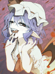  1girl absurdres ascot bat_wings black_nails blood blood_from_mouth blue_hair commentary fangs half-closed_eyes hat hat_ribbon highres kuromaru_ira medium_hair mob_cap pointy_ears puffy_short_sleeves puffy_sleeves red_ascot red_eyes remilia_scarlet ribbon shirt short_sleeves skirt skirt_set solo touhou vampire white_hat white_shirt white_skirt wings 