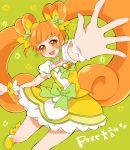  1girl blush bow brooch brown_eyes brown_hair character_name choker cure_rosetta dokidoki!_precure double_bun earrings flower green_background green_bow hair_bow hair_flower hair_ornament jewelry long_hair magical_girl outstretched_arms precure purin_(purin0) skirt smile solo spread_arms twintails wrist_cuffs yellow_bow yotsuba_alice 