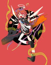  1girl :d ;d absurdres apple arknights black_gloves black_jacket black_shoes chinese_commentary commentary_request detached_wings exusiai_(arknights) exusiai_the_new_covenant_(arknights) fingerless_gloves food fruit full_body gloves halo highres jacket liuli_(xhs_8389233701) looking_at_viewer looking_back one_eye_closed one_side_up open_mouth red_background red_hair shoe_soles shoes short_hair smile solo standing standing_on_one_leg thigh-highs traditional_halo weapon_case white_halo white_thighhighs wings yellow_eyes 