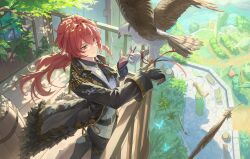  1boy absurdres balcony bench bird birthday black_gloves day diluc_(genshin_impact) eagle feathers from_above genshin_impact gloves hair_between_eyes happy_birthday highres kiisher_d leaf letter long_hair low_ponytail male_focus ponytail red_eyes red_hair solo tree two-sided_gloves vest white_vest 