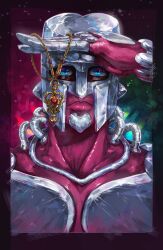  1other araki_hirohiko black_border blue_eyes border closed_mouth colored_skin colorized commentary crazy_diamond crystal_armor diamond_wa_kudakenai english_commentary heart heart_ornament helmet highres holding holding_jewelry holding_necklace jewelry jojo_no_kimyou_na_bouken jojo_pose looking_at_viewer necklace other_focus pink_skin salute solo stand_(jojo) tube upper_body void_art01 