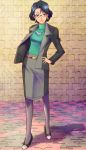  1girl absurdres amawa_kazuhiro black_eyes black_hair black_shoes earrings frown full_body glasses go!_princess_precure green_shirt grey_skirt hand_on_hip highres jacket jewelry looking_at_viewer necklace pantyhose precure shirt shoes short_hair skirt solo standing tachi_kyouko 