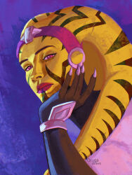  1girl alien artist_name colored_skin commentary english_commentary highres lekku_(anatomy) looking_at_viewer orugadraws pink_eyes pink_lips solo star_wars twi'lek upper_body yellow_skin 