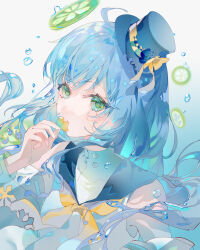  1girl absurdres ahoge blue_background blue_flower blue_hair blue_hat blue_rose blue_sailor_collar bow commentary_request flower fre_(haochilanzuo) gradient_background green_eyes grey_background hand_up hat hat_bow highres holding holding_flower long_hair looking_at_viewer neckerchief original parted_lips rose sailor_collar shirt sleeveless sleeveless_shirt solo tilted_headwear upper_body white_shirt yellow_bow yellow_flower yellow_neckerchief 
