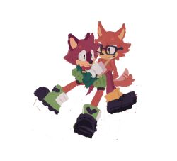  1boy 1other animal_ears avatar_(sonic_forces) barry_the_quokka blousquidly boots carrying carrying_person closed_mouth commentary english_commentary fang fang_out furry furry_male gadget_the_wolf glasses gloves green_boots green_gloves highres looking_at_another quokka_tail smile sonic_(series) sonic_forces sweatdrop tail tail_wagging the_murder_of_sonic_the_hedgehog wavy_mouth white_background white_gloves wolf_boy wolf_ears wolf_tail 