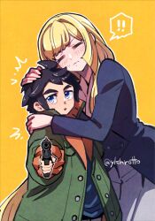  1boy 1girl aged_down artist_name black_hair blonde_hair blue_eyes blush child commentary_request green_jacket gun gundam gundam_tekketsu_no_orphans highres holding holding_gun holding_weapon hug jacket kudelia_aina_bernstein long_hair mikazuki_augus open_clothes open_jacket signature twitter_username weapon ykhrotto 