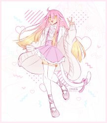  1boy absurdres ahoge animal_ears artist_name blonde_hair blush bow cardigan cat_boy cat_ears cat_tail commentary crossdressing cyberin english_commentary fang footwear_bow full_body gradient_hair heart highres long_hair male_focus multicolored_hair open_cardigan open_clothes open_mouth original pink_hair pink_skirt skin_fang skirt solo suspender_skirt suspenders tail tail_bow tail_ornament thigh-highs trap v very_long_hair white_thighhighs yellow_eyes zettai_ryouiki 