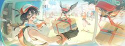  1girl absurdres animal animal_ears bag baseball_cap bird bird_ears bird_girl black_gloves black_hair blue_eyes box cardboard_box clothed_animal commentary_request gloves harukayu_yu hat highres holding holding_box open_mouth original outdoors red_bag red_hat solo_focus sweatdrop 