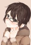  1girl blush brown_eyes brown_hair glasses highres hplay looking_at_viewer original scratching_cheek short_hair solo upper_body wavy_mouth 