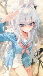  1girl absurdres animal_ear_headphones animal_ears blue_archive blue_halo blue_serafuku blue_skirt commentary cowboy_shot fake_animal_ears halo headphones highres kerno light_blush light_frown long_hair looking_at_viewer miyako_(blue_archive) mortar_(weapon) neckerchief one_side_up pink_neckerchief rabbit rabbit_ear_headphones rabbit_ears sailor_collar salute school_uniform serafuku sitting skirt solo two-tone_skirt violet_eyes white_hair white_sailor_collar white_skirt 