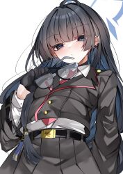  1girl ahoge belt black_choker black_gloves black_hair black_jacket black_skirt blue_archive blue_eyes blue_hair blue_halo breasts choker commentary ear_piercing from_below glasses gloves halo highres holding holding_removed_eyewear jacket long_hair long_single_sidelock long_sleeves looking_at_viewer looking_down multicolored_hair mutou_mame necktie piercing red_necktie shirt shouko_(blue_archive) simple_background skirt small_breasts solo two-tone_hair unworn_eyewear upper_body white_background white_shirt 