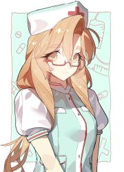  1girl aqua_dress chinese_commentary commentary_request degrees_of_lewdity dress glasses hat highres long_hair looking_at_viewer nurse nurse_cap puffy_short_sleeves puffy_sleeves short_sleeves solo sydney_(degrees_of_lewdity) sydney_(female)_(degrees_of_lewdity) very_long_hair yellow_eyes yuki808_1006 