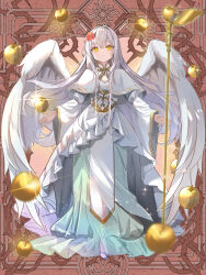  1girl angel_wings apple blurry brown_background capelet dairoku_ryouhei dress feathered_wings flower food fruit full_body glint golden_apple hair_flower hair_ornament highres long_hair looking_at_viewer solo staff standing suzuma_(suzuma_illust) very_long_hair white_capelet white_hair wide_sleeves wings yellow_eyes 