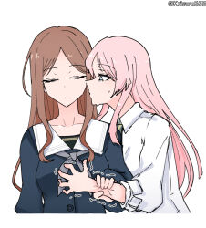  2girls bang_dream! bang_dream!_it's_mygo!!!!! brown_hair chihaya_anon closed_eyes closed_mouth collarbone commentary diagonal-striped_clothes diagonal-striped_necktie grabbing_another's_arm grabbing_another's_breast green_necktie grey_eyes groping haneoka_school_uniform imminent_kiss multiple_girls nagasaki_soyo necktie pink_hair puckered_lips school_uniform striped_clothes striped_necktie sweat tsukinomori_school_uniform untranslatable_commentary wuwuwu_(kriswu555) yuri 