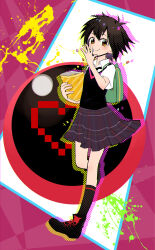  1girl background_request bag black_hair black_necktie black_shoes black_socks black_vest blush chewing closed_mouth commentary_request eating food food_request full_body green_bag highres holding holding_food looking_at_viewer marvel necktie peni_parker pleated_skirt popoin shirt shoes short_hair short_sleeves skirt smile socks solo spider-man:_into_the_spider-verse spider-man_(series) spider-verse vest white_shirt yellow_eyes 