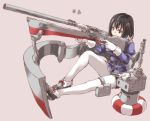  1girl aiming black_hair gloves gun haguro_(kantai_collection) hair_ornament high_heels kantai_collection machinery microskirt nikubanare pantyhose pencil_skirt remodel_(kantai_collection) rensouhou-chan rifle short_hair simple_background sitting skirt solo uniform weapon white_gloves white_legwear 