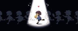  6+others androgynous black_background black_shorts blue_sweater boots bow brown_boots closed_eyes colored_skin commentary english_commentary flower frisk_(undertale) from_side hair_bow holding holding_flower invisible_floor jin_gingin long_sleeves multiple_others red_soul_(utdr) short_hair shorts simple_background soul_(utdr) sweater undertale utdr_(toby_fox) yellow_skin 