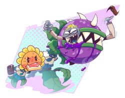  1girl 2boys bread bread_slice briefcase butter chomper_(plants_vs._zombies) dress drooling food food_in_mouth ichizerothree jam late_for_school mouth_hold multiple_boys pain person_in_mouth plants_vs._zombies running school_uniform screentones sentient_plant serafuku simple_background sunflower_(plants_vs._zombies) sweat toast toast_in_mouth white_serafuku zombie zombie_(plants_vs._zombies) 