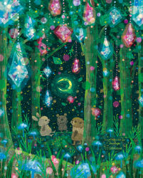  bear bush check_commentary children's_book commentary_request crescent forest glowing_motes grass light_rays mouse_(animal) nature night original outdoors plant rabbit scenery semidarksorahana suncatcher_(object) tree 
