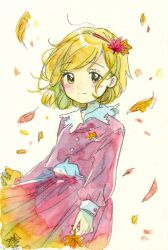 1girl aki_shizuha autumn_leaves blonde_hair blush buttons collared_shirt commentary_request cowboy_shot falling_leaves hair_ornament hairband highres leaf leaf_hair_ornament long_sleeves muzukite red_hairband red_shirt red_skirt shirt short_hair skirt smile solo split_mouth touhou traditional_media yellow_eyes 