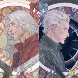  2boys blackberry_hiro blue_dress brothers commentary_request dante_(devil_may_cry) devil_may_cry_(series) dress from_side gun highres jacket male_focus multiple_boys red_jacket siblings sun_symbol sword twins upper_body vergil_(devil_may_cry) weapon white_hair 