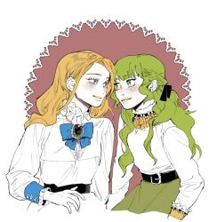  2girls belt belt_buckle black_belt blonde_hair blue_eyes blue_wrist_cuffs brown_background buckle character_request colored_skin commentary_request copyright_request eye_contact frilled_shirt_collar frills green_eyes green_hair green_skirt korean_commentary let_ink long_hair looking_at_another multiple_girls shirt skirt smile wavy_hair white_shirt white_skin wrist_cuffs yellow_lips 