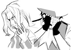  2boys absurdres ace_attorney ace_attorney_investigations ace_attorney_investigations_2:_prosecutor's_gambit ascot clown collared_shirt commentary_request crazy cropped_torso facepaint fingerless_gloves forehead furrowed_brow gloves greyscale half_mask hand_on_own_face hands_on_own_face hat high_collar highres korean_commentary long_sleeves looking_ahead male_focus manov_mistree mask medium_hair monochrome multiple_boys neck_ruff parted_lips phoenix_wright:_ace_attorney_-_spirit_of_justice saman_zero7 shirt short_hair short_sleeves simeon_saint simple_background sketch striped_clothes striped_shirt teardrop top_hat vertical-striped_clothes vertical-striped_shirt vest white_background 
